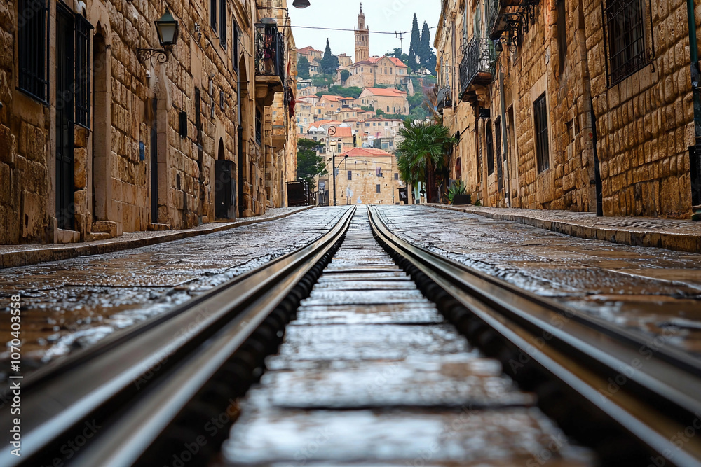 Rain-soaked cobblestone street with tram tracks in a historic town Rain-soaked cobblestone street with tram tracks in a historic town