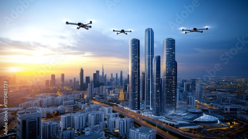 Drone Delivery Cityscape Sunset Aerial View of Modern Skyscrapers