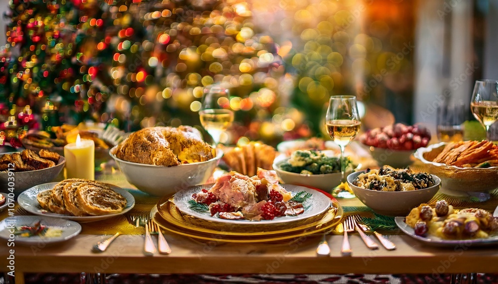 Christmas Dinner table full of dishes with food and snacks, New Year's decor with a Christmas tree on the background.