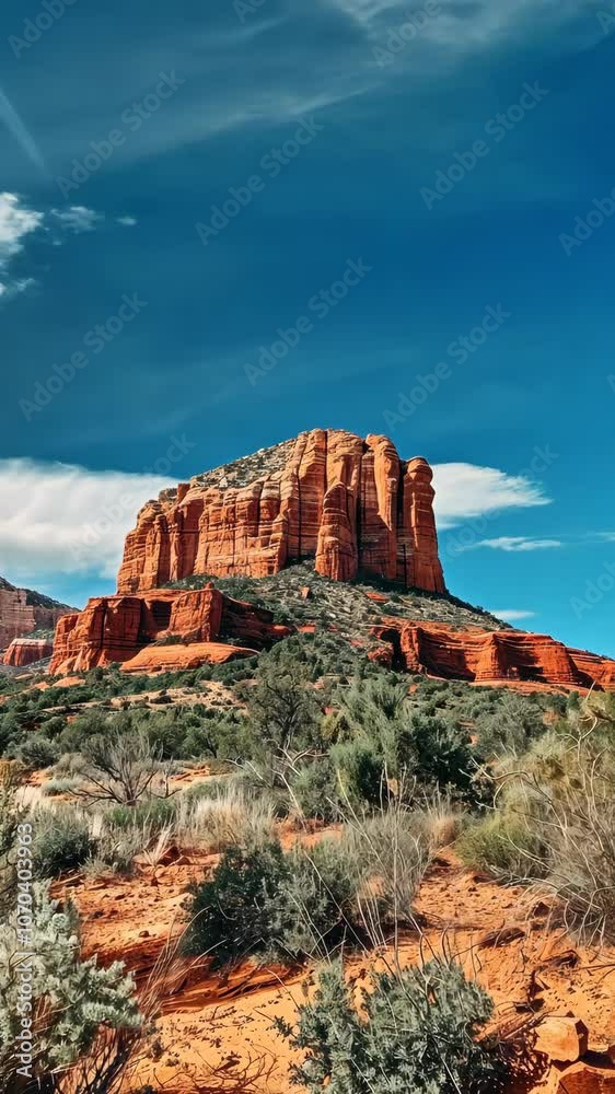 Majestic red rock formation under blue sky, desert landscape. Nature and adventure concept Majestic red rock formation under blue sky, desert landscape. Nature and adventure concept
