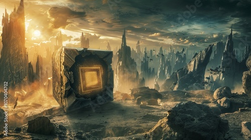 A realistic image of a cube enveloped in mysterious golden symbols in a futuristic landscape