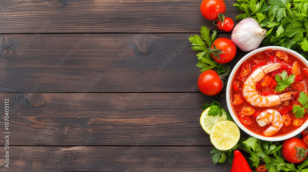 Delicious Tom Yum Goong soup with prawns, fresh tomatoes, lime, and herbs on wooden table, creating vibrant and appetizing scene Delicious Tom Yum Goong soup with prawns, fresh tomatoes, lime, and herbs on wooden table, creating vibrant and appetizing scene