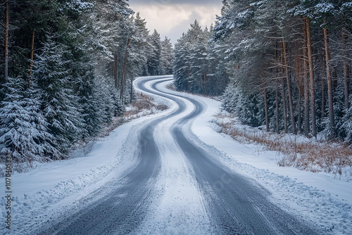 Winding snow-covered road through winter forest landscape