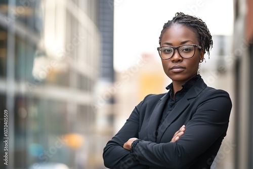 Confident woman in black, arms crossed, city backdrop