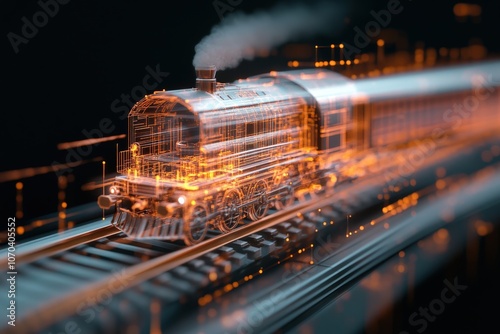 Digital Steam Engine: A futuristic train hurtles through a dark, digital landscape. photo