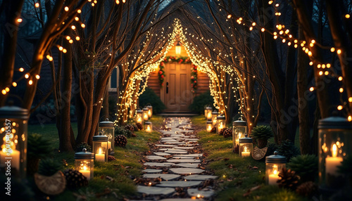 Experience the enchanting atmosphere of a Christmas pathway illuminated by twinkling candlelight and festive decorations, creating a warm and magical ambiance. Perfect for holiday inspiration and fest