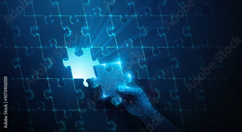 Abstract illustration of low poly hand completing puzzle. Blue geometric background depicting synergy partnership and business teamwork concept by wireframe connection structure
