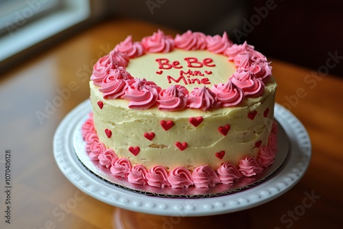 Heart-themed cake with "Be Mine" topper for Valentine's Day.