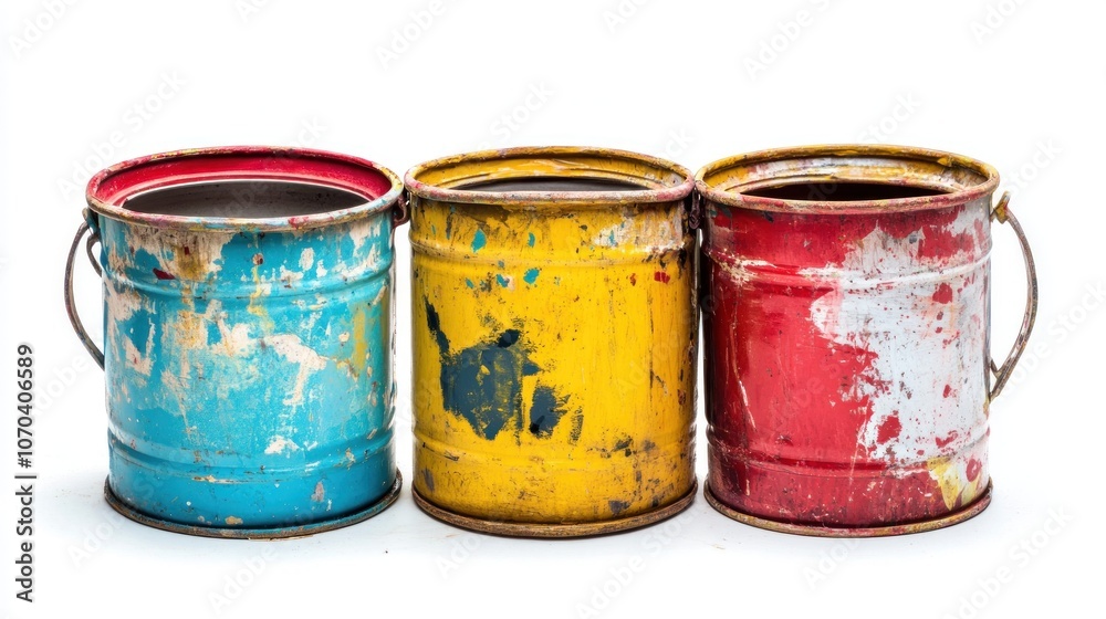 Three weathered paint cans in blue, yellow, and red, suggesting artistic or industrial use. Three weathered paint cans in blue, yellow, and red, suggesting artistic or industrial use.