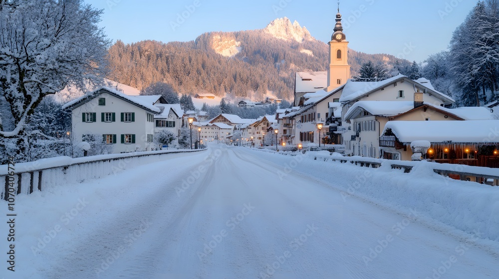 Fototapeta premium Old Town Covered in a Blanket of Snow | Winter Landscape, Snowy Streets, Charming Historic Architecture, Serene Winter Scene, Frozen Village