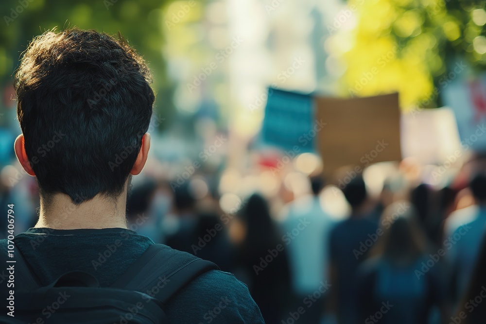 Fototapeta premium Man facing crowd at protest, unity and activism theme