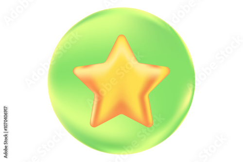 Cute gold 3D star icon with glowing texture, inside green bubble isolated PNG, transparent background. Best seller, quality icon. Competition, winner, customer icon isolated vector illustration