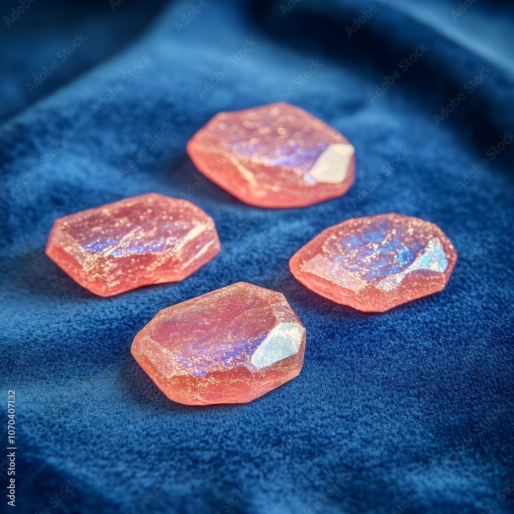 Four iridescent pink gemstones on a blue velvet background. Four iridescent pink gemstones on a blue velvet background.