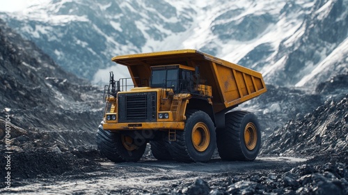 A large yellow dump truck on a rugged terrain, designed for heavy-duty transport in mining.