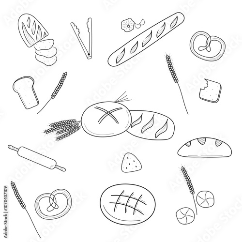 Bread and bakery doodle set. Bagel, baguette, bun, sliced bread. Hand drawn vector illustration isolated on white background.
