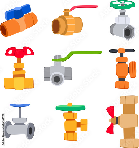 plumbing valve set cartoon. leak repair, pressure flow, control shutoff plumbing valve sign. isolated symbol vector illustration