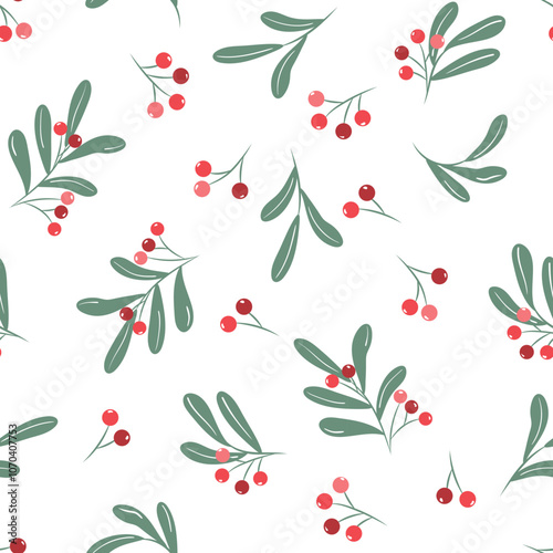Christmas pattern of holly branches and berries. Vector illustration.
