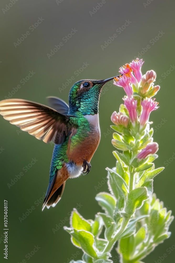 Obraz premium Hummingbird feeding on pink flowers.