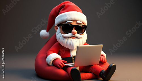Santa Claus sits on a bean bag with a laptop, embracing modern technology for holiday planning. A fun depiction of Santa working digitally for a tech-savvy Christmas.