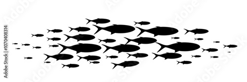Fish group swimming. School of blackfish. Silhouette of group of sea fishes. Abstract vector illustration isolated on transparent.