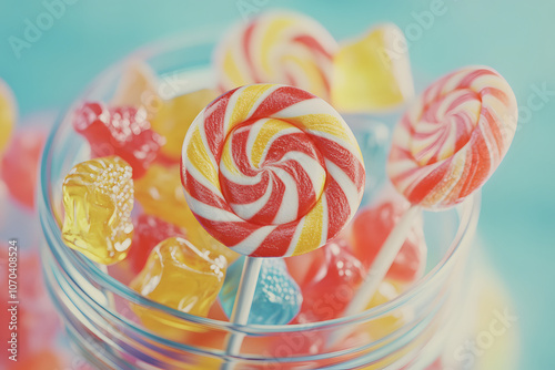 Colorful lollipops and gummies in a glass jar on a blue background. photo