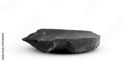 Stone podium background. Rock stand product display. Natural black marble pedestal on white wall for product placement. Modern minimal cosmetic design. Fashion beauty realistic vector illustration.