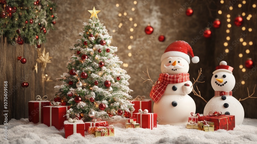 Christmas tree and santa Claus and snowman and gifts flat design front view North Pole theme 3D render Christmas tree and santa Claus and snowman and gifts flat design front view North Pole theme 3D render