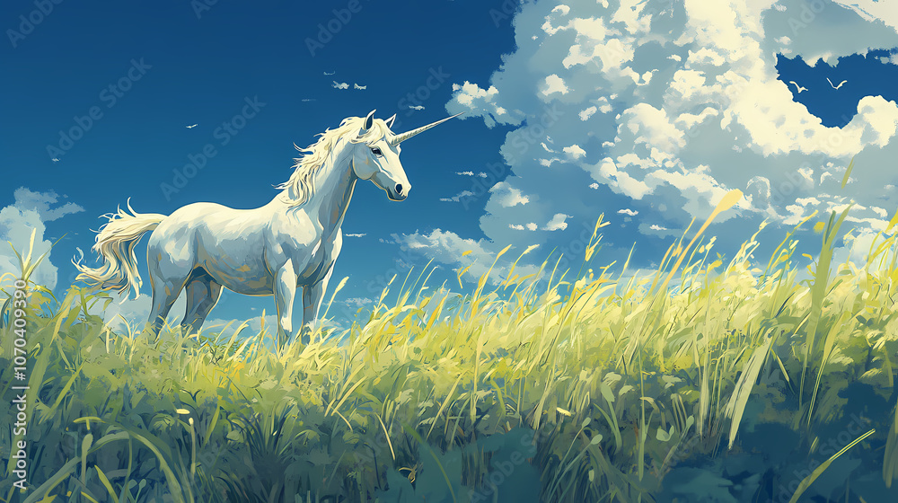 A majestic white unicorn stands in a lush green field of tall grass. Majestic. Illustration A majestic white unicorn stands in a lush green field of tall grass. Majestic. Illustration