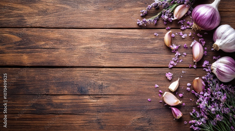A rustic arrangement of garlic and flowers on a wooden surface. A rustic arrangement of garlic and flowers on a wooden surface.