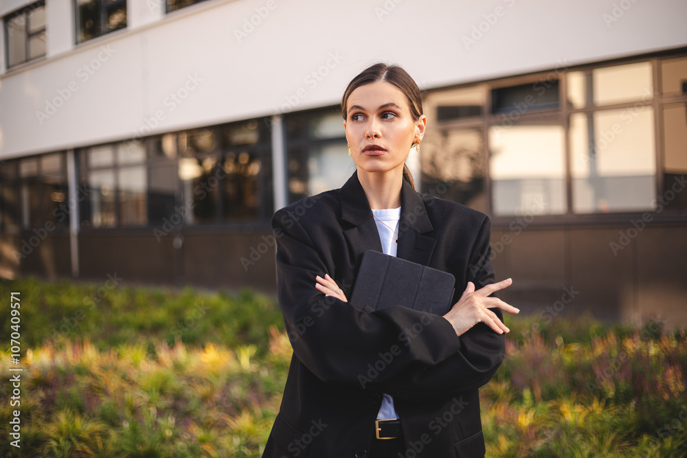 Serious, elegant businesswoman standing on the street with arms crossed hold tablet. Success coming with hard work. Young proud woman with low ponytail wear suit on a street. Serious, elegant businesswoman standing on the street with arms crossed hold tablet. Success coming with hard work. Young proud woman with low ponytail wear suit on a street.
