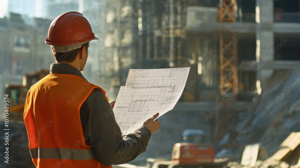 A construction worker in an orange vest and hard hat examines blueprints on a busy construction site, showcasing industry diligence and planning. A construction worker in an orange vest and hard hat examines blueprints on a busy construction site, showcasing industry diligence and planning.