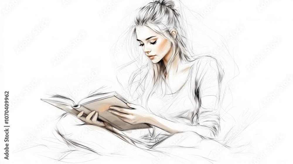 Illustration of Young Woman Reading a Book with Relaxed Expression in Minimalist Style_3