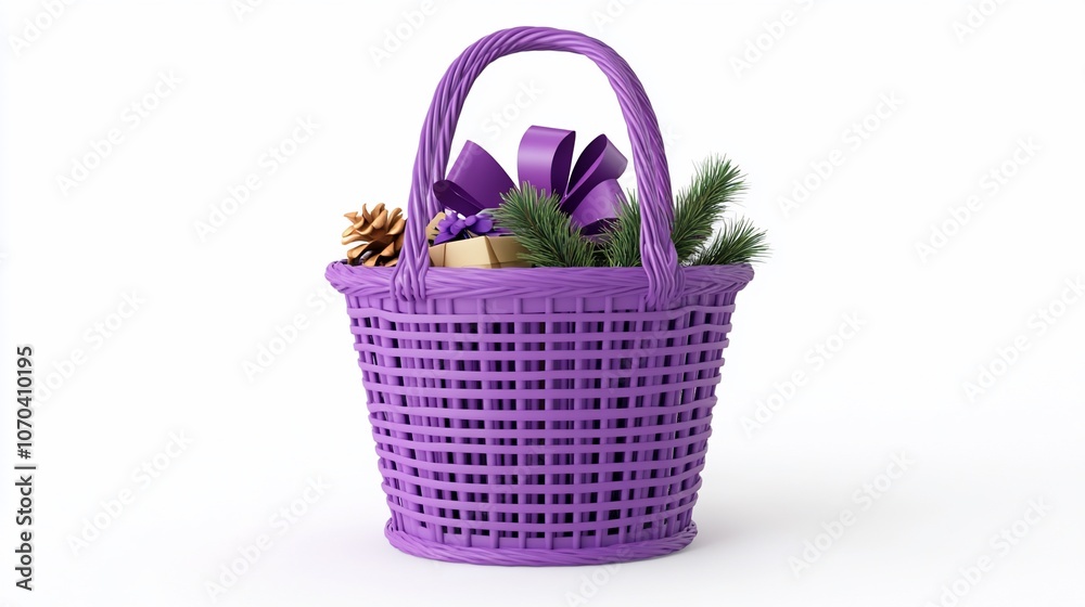 A purple woven basket filled with pine branches, gift boxes, and pine cones against a white background. A purple woven basket filled with pine branches, gift boxes, and pine cones against a white background.