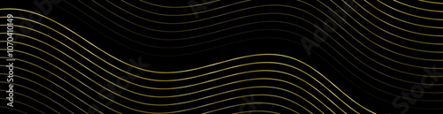 Abstract background with lines and waves. Web banner size. Element for design. Vector background for brochure, booklet, flyer, poster. Black and golden gradient. Gold, metal texture photo