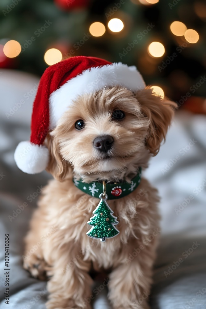 A cute little dog wearing a Santa hat with a green collar with Christmas tree pendulum