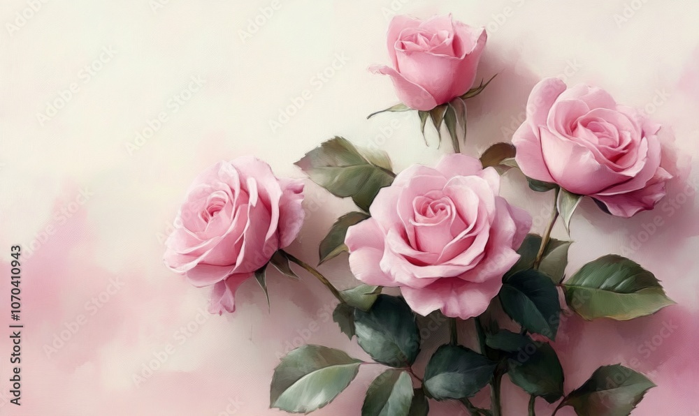 Watercolor roses in soft pink hues framing the text, romantic and elegant, 3D illustration