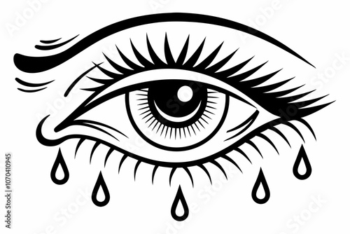 Stylized Black and White Crying Eye Illustration with Tears. Tears dropping from eye, silhouette