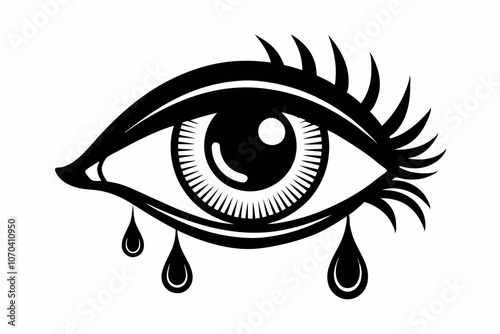 Stylized Black and White Crying Eye Illustration with Tears. Tears dropping from eye, silhouette