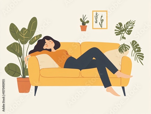 Relaxing Woman on Yellow Sofa Illustration