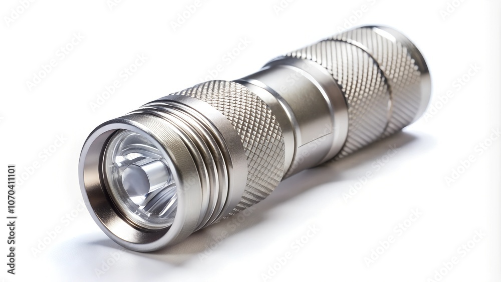 Small LED flashlight with a metal body on a white background. Small LED flashlight with a metal body on a white background.