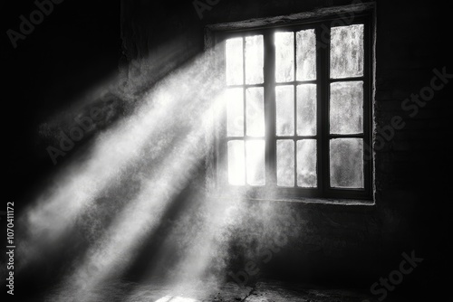 Sunbeams illuminating dusty particles in a dark room through the window