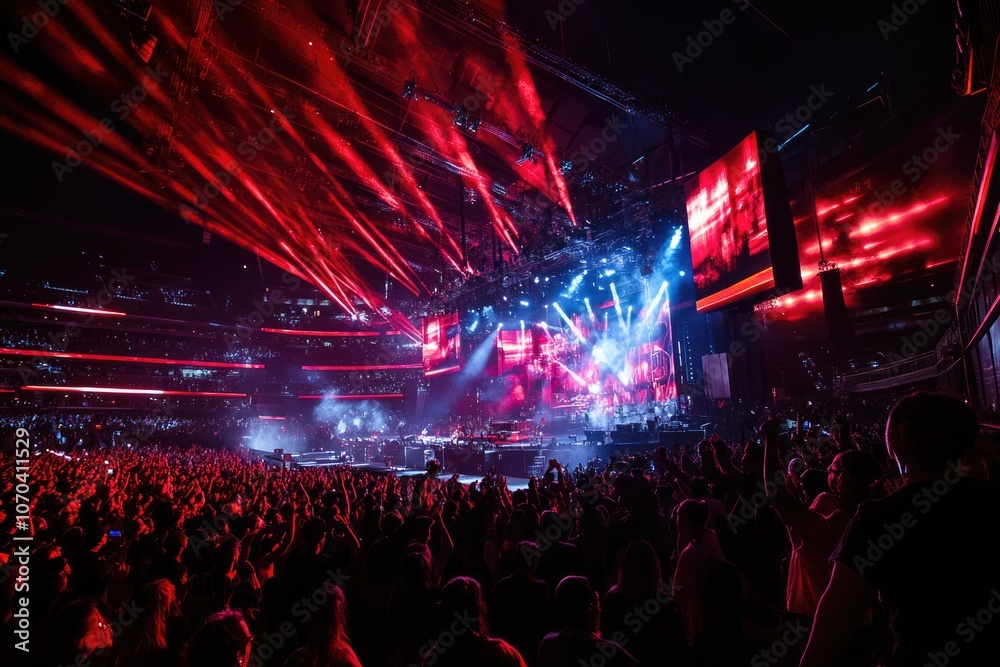 Crowd enjoying rock concert with red laser lights and stage lighting in stadium Crowd enjoying rock concert with red laser lights and stage lighting in stadium