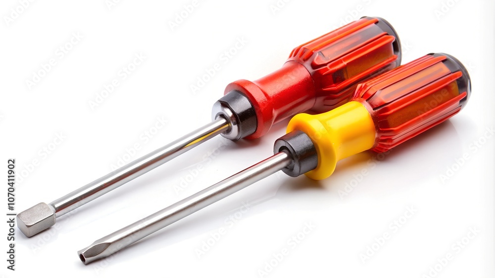 Set of flathead and Phillips screwdrivers on a white background. Set of flathead and Phillips screwdrivers on a white background.
