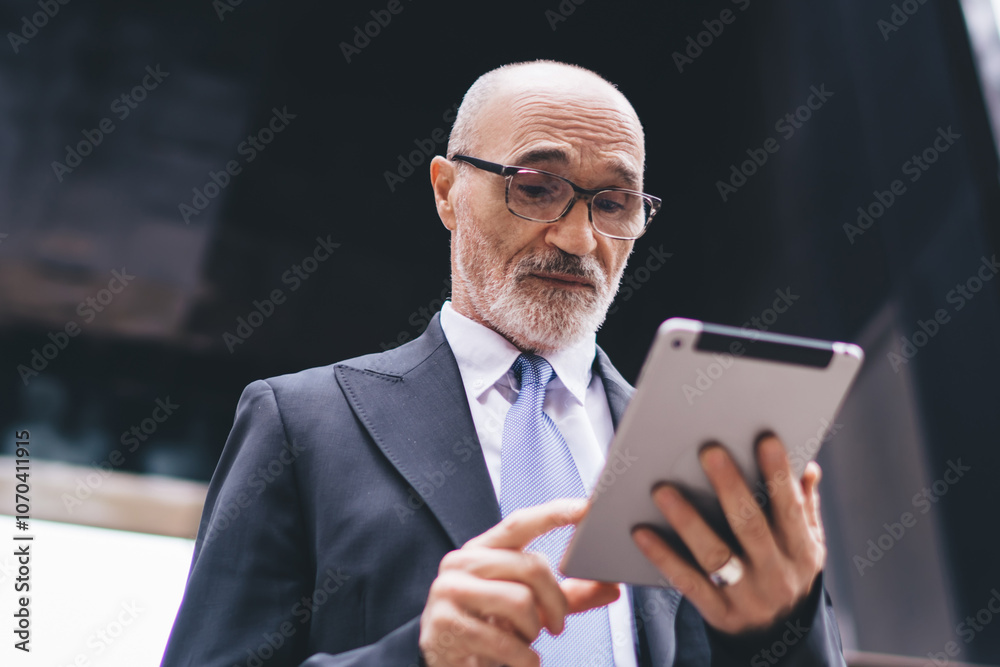 Handsome old bald male in suit and eyeglasses surfing tablet in front of business center on street Handsome old bald male in suit and eyeglasses surfing tablet in front of business center on street