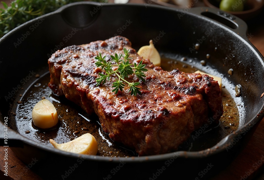Grilled steak with garlic in skillet Grilled steak with garlic in skillet