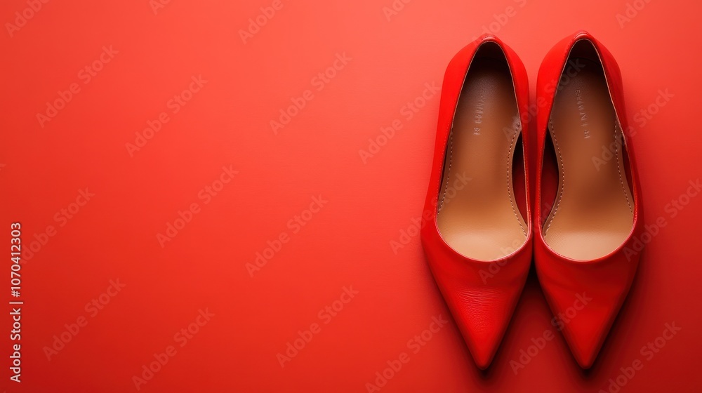 A pair of stylish red high-heeled shoes on a matching red background. A pair of stylish red high-heeled shoes on a matching red background.