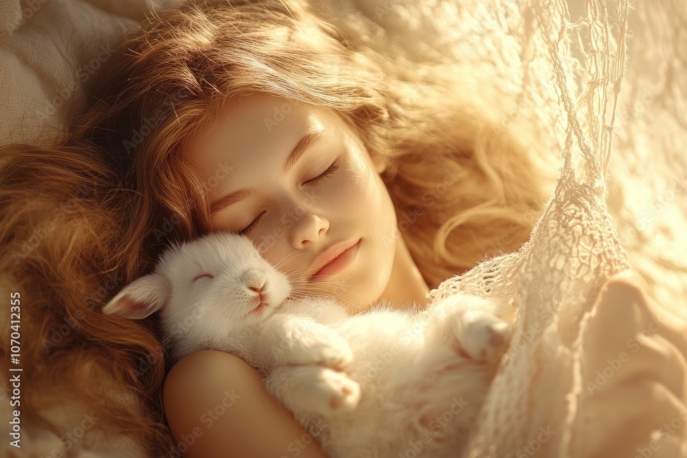 Girl sleeping peacefully with her bunny in soft sunlight Girl sleeping peacefully with her bunny in soft sunlight