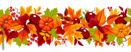 Seamless border with orange pumpkins, red, orange, and green autumn leaves, rowanberries, and chestnuts. Vector illustration