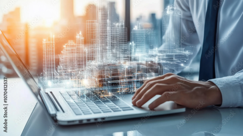 A businessman works on a laptop, with a digital overlay of futuristic city buildings, symbolizing technology, innovation, and urban development. A businessman works on a laptop, with a digital overlay of futuristic city buildings, symbolizing technology, innovation, and urban development.