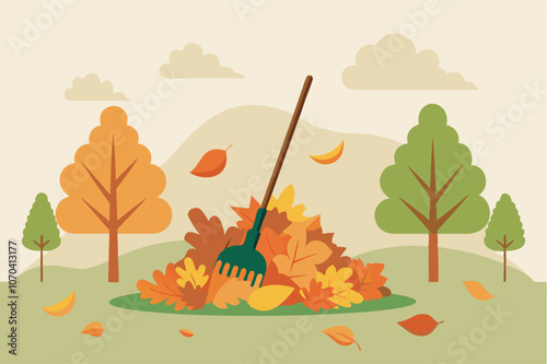 A serene autumn scene with vibrant colors: leaves piled on green lawn, leaf rake stuck in, trees with golden leaves, red berries, light sky, gentle stream - essence of beauty and peace in fall.